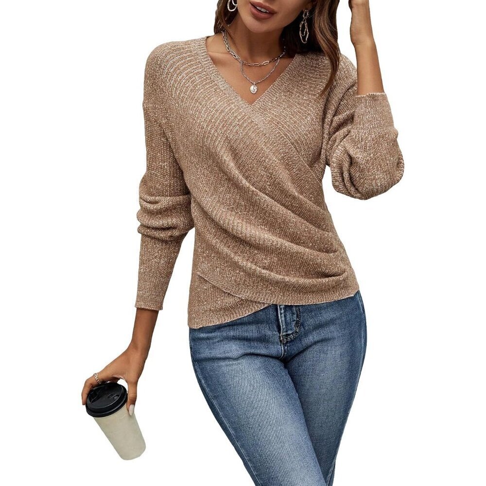 Womens V Neck Long Sleeve Off Shoulder Sweater Wrap Ruched Fall Top